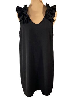 Entro Ruffle Strap Dress Black Shift Size L large V-Neck Stretch Mini